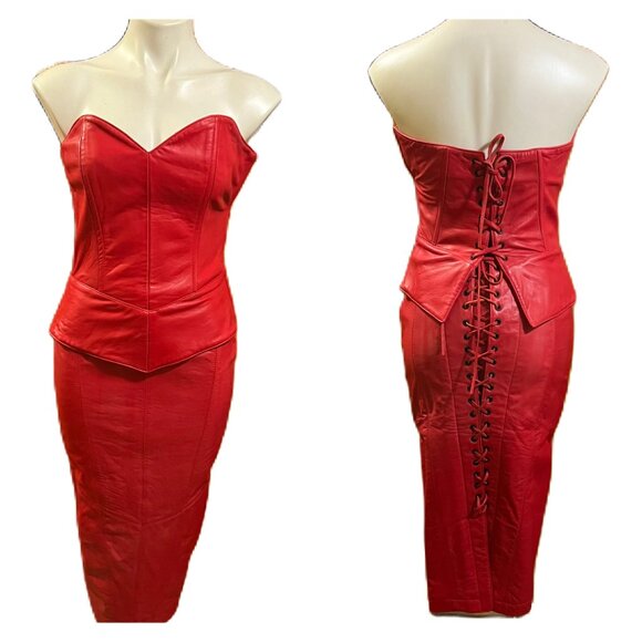 Michael Hoban 90s North Beach leather RARE Red lace up bustier and skirt Set - Picture 1 of 15